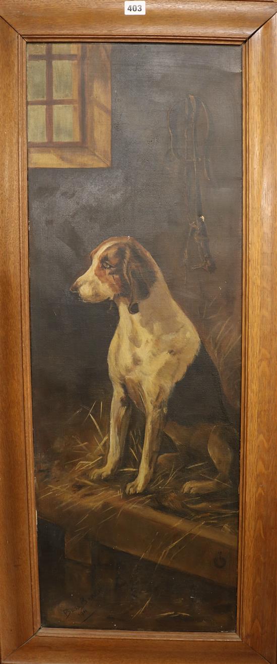 Bess Baker, oil on canvas, Hound in a stable, signed and dated 1911, 93 x 33cm